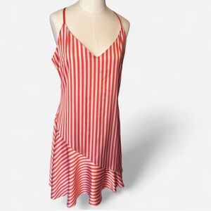 Lea & Viola red and gray striped asymmetrical mini dress with ruffle hem sz med